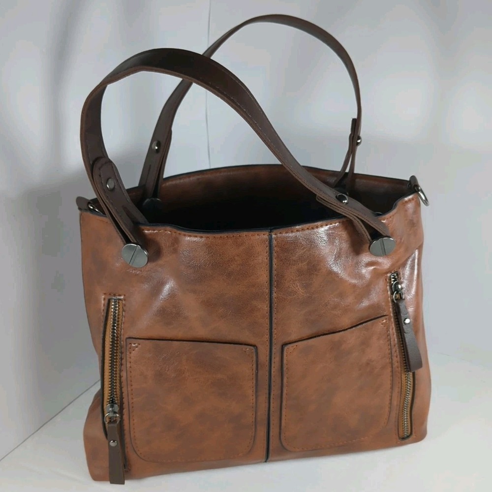 Brown Soft Vegan Leather‎ Satchel Handbag Multi-Pocket Organizer Purse  NEW
